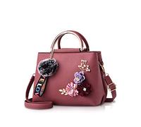 NICOLE & DORIS Women Leather Handbag Shoulder Bags with Flower Vintage Handle Bag Designer Tote Purse with Pompom dark pink
