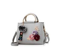 NICOLE & DORIS Women Leather Handbag Shoulder Bags with Flower Vintage Handle Bag Designer Tote Purse with Pompom light grey