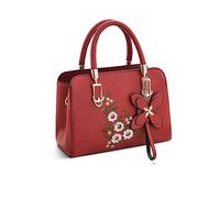 NICOLE & DORIS Women Top Handle Bags Small Handbags with Embroidery Flowers Designer Shoulder Bags PU Leather Crossbody Bag Satchel Burgundy