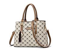 NICOLE & DORIS Women Tote Handbag Designer Top Handle Bag Printed Shoulder Bag PU Leather Ladies Crossbody Bag Work Bag Classic Handbags with Pendant Beige with Brown