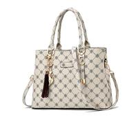 NICOLE & DORIS Women Tote Handbag Designer Top Handle Bag Printed Shoulder Bag PU Leather Ladies Crossbody Bag Work Bag Classic Handbags with Pendant Cream