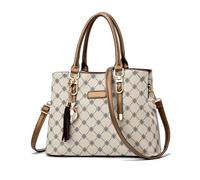 NICOLE & DORIS Women Tote Handbag Designer Top Handle Bag Printed Shoulder Bag PU Leather Ladies Crossbody Bag Work Bag Classic Handbags with Pendant Beige with Brown
