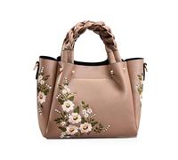 NICOLE & DORIS Women's Embroidered Casual Handbag Tote Bag Faux Leather Shoulder Bag with Braided Handles, khaki, L, Casual