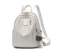 NICOLE & DORIS Women's Fashion Backpacks Large Rucksack Waterproof Casual Daypacks Multi Pocket Anti-theft Backpack PU Leather School Bags with Pompom Charm White
