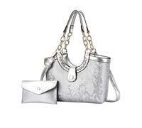 NICOLE & DORIS Women's Hand Bags Fashion Shoulder Bags Sequin Handbag and Purse Set 2 Pcs Tote Bag PU Leather Top Handle Bag Crossbody Bag for Shopping Work Travel Silver