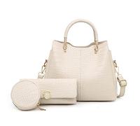 NICOLE & DORIS Womens Multi Purpose Handbag Set - 3 Pcs Tote Bags with Wallet Coin Purse - PU Leather Ladies Work Bags in Crocodile Print Beige