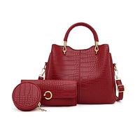 NICOLE & DORIS Womens Multi Purpose Handbag Set - 3 Pcs Tote Bags with Wallet & Coin Purse - PU Leather Ladies Work Bags - Crocodile Print Burgundy