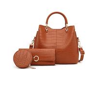 NICOLE & DORIS Womens Multi Purpose Handbag Set PU Leather Ladies Work Bag 3 Pcs Crocodile Print Handbag with Wallet Coin Purse Brown