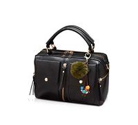 NICOLE&DORIS Women's Pompon Handbag - Fashion Style Zipper Shoulder & Crossbody Bag - PU Leather Small Square Bag - Black