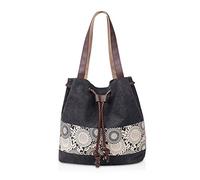 NICOLE & DORIS Women's Retro Black Canvas Bucket Handbag, 30 cm x 29 cm x 12 cm, 11.97L, 2 Handles, Magnetic Closure, Drawstring, 3 Pockets, Anti-Theft, 12-Month Warranty