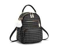 NICOLE & DORIS Women's Small Backpack Fashion Plaid Rucksack 3 in 1 | Convertible Shoulder Crossbody Bag PU Leather Handbag with Pom-Pom Daypack for School Work Travel Black