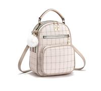 NICOLE & DORIS Women's Small Backpack Fashion Plaid Rucksack 3 in 1 | Convertible Shoulder Crossbody Bag PU Leather Handbag with Pom-Pom Daypack for School Work Travel Khaki