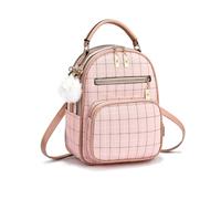 NICOLE & DORIS Women's Small Backpack Fashion Plaid Rucksack 3 in 1 | Convertible Shoulder Crossbody Bag PU Leather Handbag with Pom-Pom Daypack for School Work Travel Pink