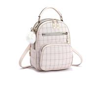 NICOLE & DORIS Women's Small Backpack Fashion Plaid Rucksack 3 in 1 | Convertible Shoulder Crossbody Bag PU Leather Handbag with Pom-Pom Daypack for School Work Travel Cream