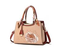 NICOLE & DORIS Womens Tote Handbags Elegant Top Handle Bags Medium Shoulder Bag PU Leather Crossbody Bag Flowers Embroidered Handbag with Ribbon Khaki