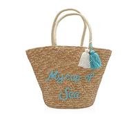 NICOLE & DORIS Woven Bags for Women,Summer Beach Bag,Straw Tote Bag with Tassels,Large Capacity Vacation Purse,for Travel, Holidays and Shopping Blue letters