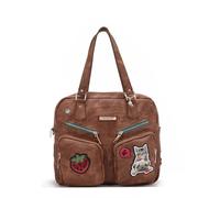 Nicole Lee Multi Patch Zipper Handbag, Medium Vegan Leather with Cotton Denim Look, Strawberry Sequin, Cat, Dog Patches (BROWN)
