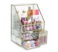 Nicole Miller Glass Organizer - Elegant Vanity Storage with a Touch of Gold, Great for Lipsticks and Brushes, Clear Visibility, Stadium with Drawers