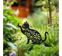 Nicoman Metal Dog and Cat Stakes Garden Decorative Silhouette with Floral Pattern, Black, 1-Piece Yard Art for Grassland and Outdoor Statues (Cat)