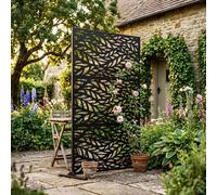 Nicoman Metal Outdoor Privacy Screen With Stand For Garden - Leaf Pattern - Black