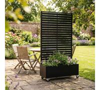 Nicoman Metal Privacy Screen Planter Box with Trellis on Wheels, Black | Built-in Planter, Mobile Caster Wheels, Slatted Trellis Panel, Patio & Garden Use, 90x180 cm
