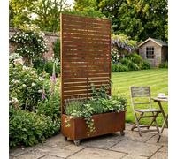 Nicoman Metal Privacy Screen Planter Box with Trellis on Wheels, Rust | Built-in Planter, Mobile Caster Wheels, Slatted Trellis Panel, Patio & Garden Use, 90x180 cm