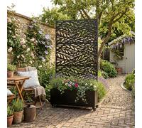 Nicoman Metal Privacy Screen With Plant Pot Leaf Pattern - Black