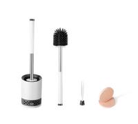 Toilet Brush with Drainage Holder Set,Flex Silicone Anti-Clog Anti-Drip Brush Head, White/Grey Colour with Stainless Steel Handle, 1-Pack with Diatomite Drying Pad