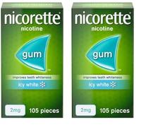 Nicorette Icy White 2mg Gum (105 Pieces), Fast-Acting Nicotine Gum to help curb cravings and Whiten Teeth, Discreet Stop Smoking Aid for Quitting Cigarettes, Chewing Gum (Pack of 2)