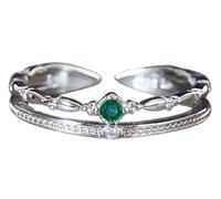 NicoWerk Women's 925 Silver Ring, Adjustable Silver Ring, Women's 925 Silver with Green Zirconia, Double Row Ring with Stone for Women - SRI710