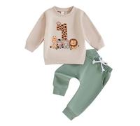 Nicoxijia Baby Boy Birthday Outfit One/Two Letter Embroidery Long Sleeve Sweatshirt Jogger Pants Set 1st 2nd Birthday Clothes (Beige, 6-12 Months)