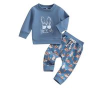 Nicoxijia Baby Boy Easter Outfit Bunny Long Sleeve Sweatshirt Top Rabbit Flower Pants Set Infant Spring 2Pcs Clothes Set (E-Blue, 6-12 Months)