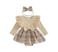 Nicoxijia Baby Girl Fall Outfit Long Sleeve Heart Print Fox Embroidered Romper Dress Ruffle Patchwork Jumpsuit Bodysuit Skirt (Apricot, 12-18 Months)