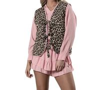 Nicoxijia Leopard Print Tie Front Tops for Women Y2k Waistcoat Cheetah Print Bow Top Sleeveless Embroidered Cardigan Vest (Dark Grey, M)