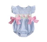 Nicoxijia My First Baby Girl Easter Outfit Smocked Bubble Romper Bunny Embroidery Ruffle Gingham Bodysuit Jumpsuit Clothes (Blue, 12-18 Months)