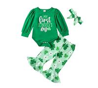Nicoxijia My First St Patricks Day Baby Girl Outfit Long Sleeve Romper + Clover Print Flare Trousers Headband Clothes Set (C-Green, 6-12 Months)