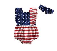 Nicoxijia Newborn Baby Girl 4th of July Outfits American Flag Romper Summer Sleeveless Backless Ruffle Bodysuit with Headband (Red, 0-6 Months)
