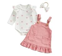 Nicoxijia Newborn Baby Girl Valentine's Day Skirt Outfits Heart Print Ribbed Romper Corduroy Suspender Dress 2Pcs Skirt Set (C-Pink, 3-6 Months)