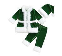 Nicoxijia Santa Claus Costume for Kids Baby Boy Girls Velvet Long Sleeve Christmas Jacket+Long Pants+Hat Xmas Cosplay Outfits (Green, 2-3T)