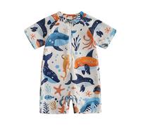 Nicoxijia Toddler Baby Boy Shark Swimsuit Sun Protection Short Sleeve Bathing Suit Summer One Piece Zip Up Rash Guard Swimwear (Khaki, 18-24 Months)