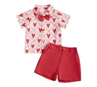 Nicoxijia Toddler Baby Boy Valentine's Day Outfits Gentleman Bowtie Love Heart Shirt + Shorts Pants Valentine Clothes Sets (Red, 6-12 Months)