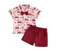 Nicoxijia Toddler Baby Boy Valentine's Day Outfits Gentleman Bowtie Love Heart Shirt + Shorts Pants Valentine Clothes Sets (B-Red, 12-18 Months)