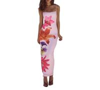 Nicoxijia Women Floral Printed Spaghetti Strap Maxi Dress Stretch Sexy Bodycon Dress Sleeveless Boho Long Going Out Dresses (Pink, M)