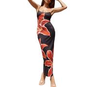 Nicoxijia Women Floral Printed Spaghetti Strap Maxi Dress Stretch Sexy Bodycon Dress Sleeveless Boho Long Going Out Dresses (Black, M)