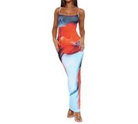 Nicoxijia Women Floral Printed Spaghetti Strap Maxi Dress Stretch Sexy Bodycon Dress Sleeveless Boho Long Going Out Dresses (B-Blue, S)