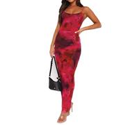 Nicoxijia Women Floral Printed Spaghetti Strap Maxi Dress Stretch Sexy Bodycon Dress Sleeveless Boho Long Going Out Dresses (B-Rose Red, M)