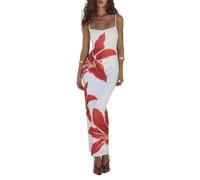 Nicoxijia Women Floral Printed Spaghetti Strap Maxi Dress Stretch Sexy Bodycon Dress Sleeveless Boho Long Going Out Dresses (White, L)