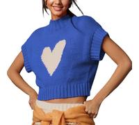Nicoxijia Women Heart Print Cropped Sweater Mock Neck Sweater Vest Cap Sleeve Ribbed Knit Cropped Pullover Tank Tops Blouse (Blue, L)