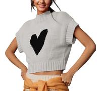 Nicoxijia Women Heart Print Cropped Sweater Mock Neck Sweater Vest Cap Sleeve Ribbed Knit Cropped Pullover Tank Tops Blouse (White, S)