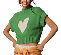 Nicoxijia Women Heart Print Cropped Sweater Mock Neck Sweater Vest Cap Sleeve Ribbed Knit Cropped Pullover Tank Tops Blouse (Green, S)